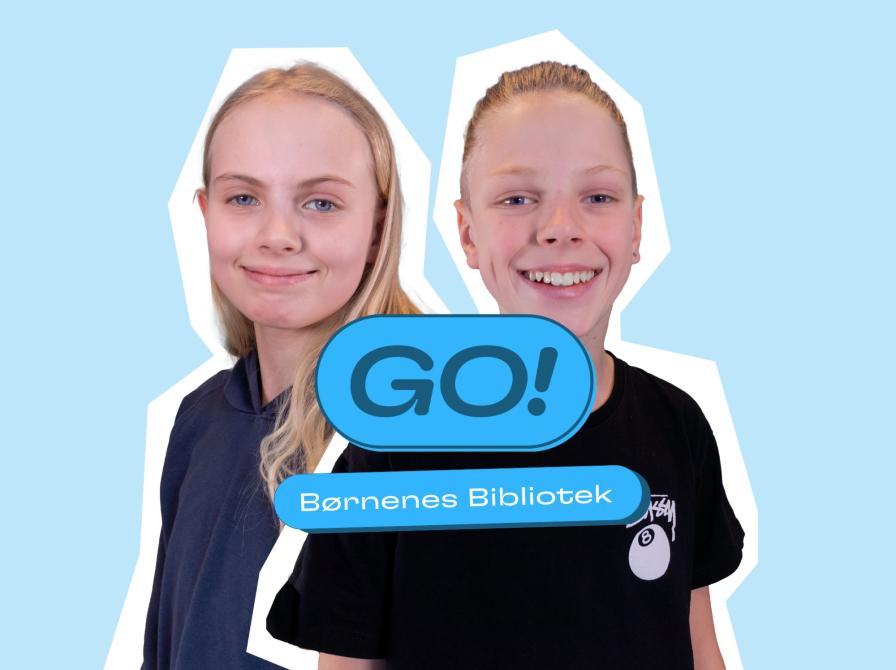 To børn og GO&#039;s logo samt en tekst: Børnenes Bibliotek